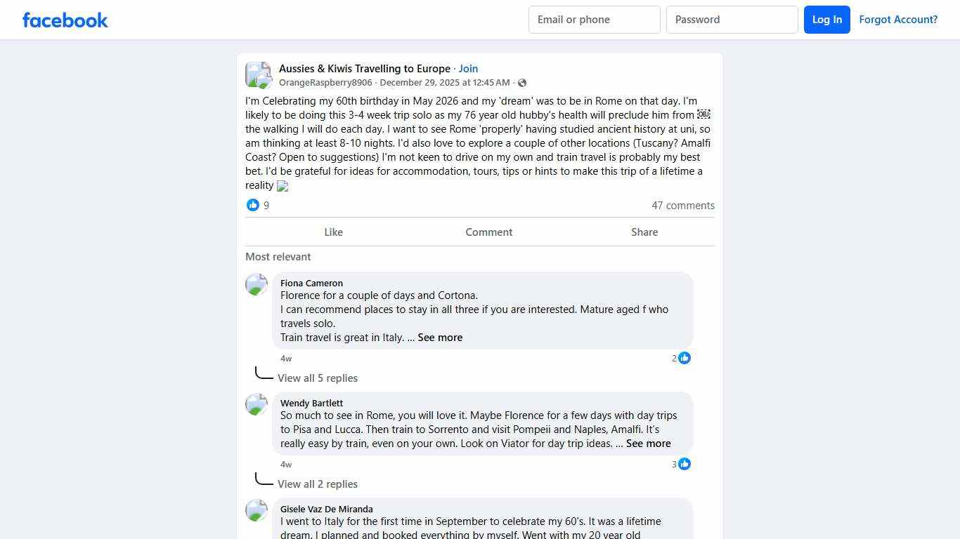 Aussies & Kiwis Travelling to Europe I'm Celebrating my 60th birthday in May 2026 and my 'dream' was to be in Rome on that day Facebook